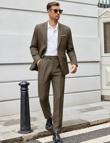 COOFANDY Men Suits Classic Fit 2 Piece Suit Set One Button Casual Blazer Wedding Bussiness Suit Separates, Brown, Medium - Image 2