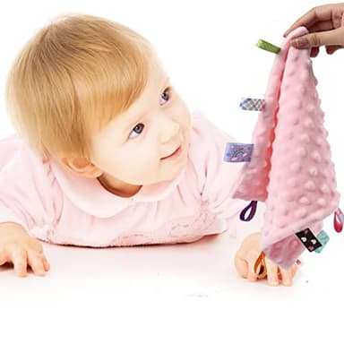 CREVENT Tag Security Blankets for Babies, Soft Small Loveys for Girls, Baby Comforter Sensory Blanket, Great Gifts for Birthday Baby Shower 10"X10" (Purple+Pink Tag, Crib) - Image 6