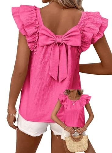 Falechay Womens Going Out Tops Cute Ruffle Short Sleeve Shirts Summer Casual T-Shirts Babydoll Women Blouses Trendy Chiffon Tunic Ladies Y2K Bow Tie Wrinkles Tee Puff Sleeves Hot Pink Shirt XS - Image 1