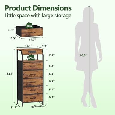 Furnulem 5 Drawers Dresser with Charging Station, Tall Night Stand with Storage Shelf, Fabric Chest of Drawers, Bedside Table for Closet, Entryway, Bedroom Furniture, 3 Ways to Use, Rustic Brown - Image 3