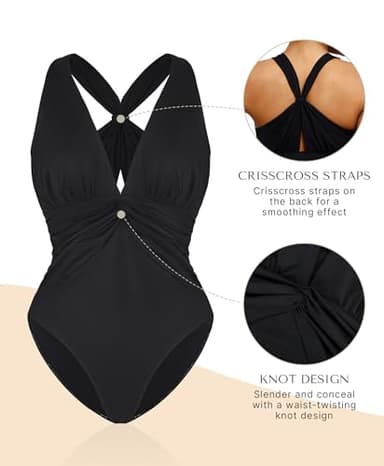 SHAPELLX One Piece Swimsuit Women Tummy Control V Neck One Piece Bathing Suit Built-in Bra One Shoulder Swimwear S Black - Image 3