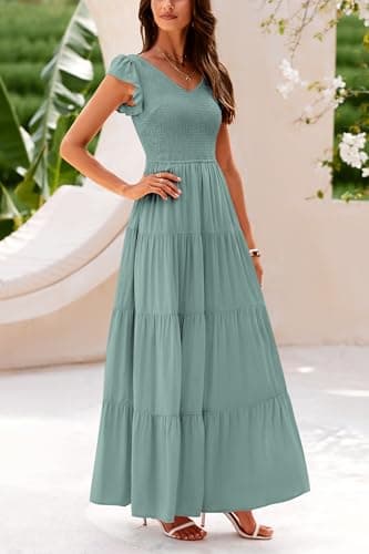 PRETTYGARDEN Women's Summer Flowy Maxi Dress Casual Cap Sleeve V Neck Smocked Beach Sundress (Solid Grey Green,Small) - Image 6