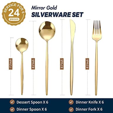 24-Piece Gold Silverware Set Gold Flatware Set for 6, Gold Spoons and Forks Set, Stainless Steel Gold Cutlery Set for Home Kitchen Restaurant Wedding, Mirror Polished Utensils Set, Dishwasher Safe - Image 3