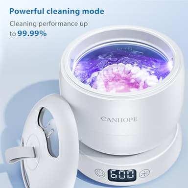 CANHOPE Ultrasonic Retainer Cleaner Machine, 42kHz Professional for Dentures, Aligners, Mouth Guards, Jewelry - IPX7 Waterproof Durable Removable Base and Top Cover, 3 Timer Settings, Quiet White - Image 3
