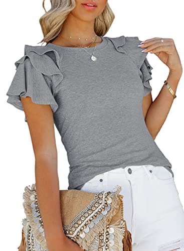 SHEWIN Womens Shirts Summer Ruffle Sleeve Crewneck Cute Ladies Tops and Blouses Grey XL - Image 1