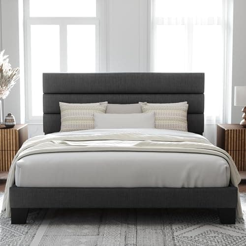 Allewie King Bed Frame Platform Bed with Fabric Upholstered Headboard and Wooden Slats Support, Fully Upholstered Mattress Foundation/No Box Spring Needed/Easy Assembly, Dark Grey - Image 1