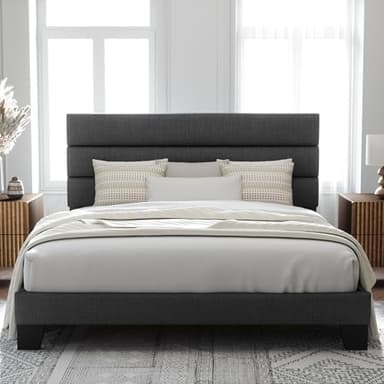 Allewie King Bed Frame Platform Bed with Fabric Upholstered Headboard and Wooden Slats Support, Fully Upholstered Mattress Foundation/No Box Spring Needed/Easy Assembly, Dark Grey - Image 1