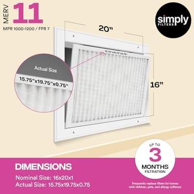 Simply 16x20x1 Air Filter, Merv 11, MPR 1000, 6 Pack, For Home AC Furnace & HVAC (Actual Size: 15.75"x19.75"x0.75") DUST, Pet, & Allergy Control - Image 3
