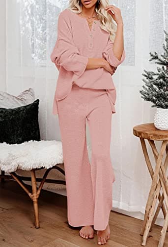 Pink Queen Women's 2 Piece Knit Sweatsuit Oversized Loose Knit Sweater Matching Loungewear Set Pink M - Image 2