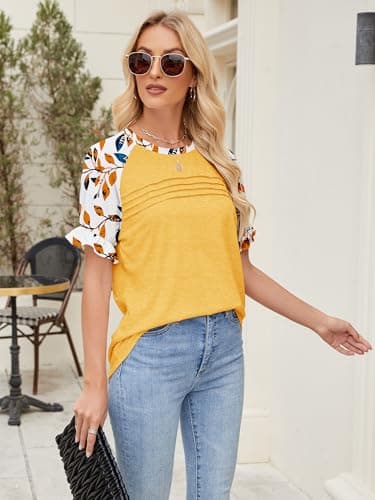 Chulianyouhuo Women's Ruffle Sleeve Tops Summer Crew Neck Casual Pleated Front Blouse Loose Fit Basic Tee Shirt(Yellow S) - Image 3