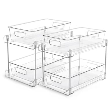 Vtopmart 2 Tier Bathroom Storage Organizer, 2 Pack Clear Under Sink Organizers Vanity Counter Container, Cabinet Drawers Bins, Pull-Out Organization with Track for Pantry, Kitchen - Image 1