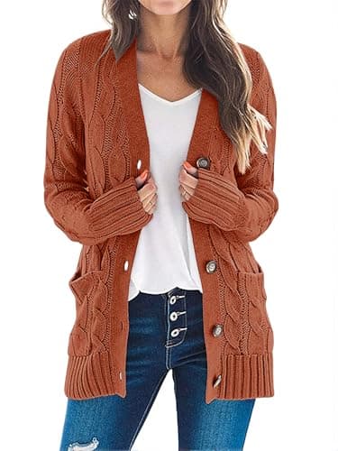 MEROKEETY Women's 2025 Fall Long Sleeve Cable Knit Cardigan Sweater Open Front Button Loose Outerwear Rust - Image 1