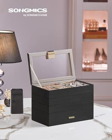 SONGMICS Stackable Jewelry Trays, 4-Tier Jewelry Box, Drawer Jewelry Organizer, with Glass Lid, Removable Dividers, for Vanity Table, 6.7 x 11 x 7.2 Inches, Gift Idea, Ink Black UJBC164B01 - Image 2
