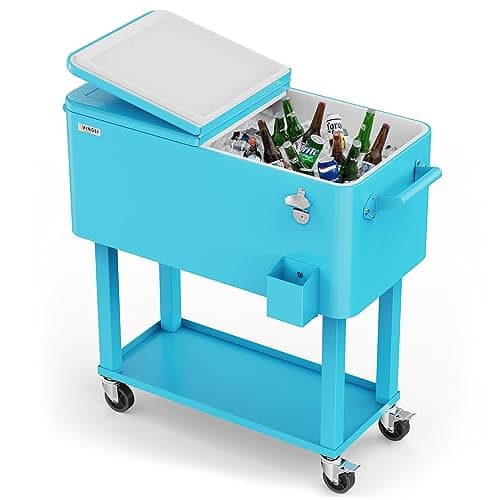 VINGLI 80 Quart Rolling Ice Chest, Portable Patio Party Bar Drink Cooler Cart, with Shelf, Beverage Pool with Bottle Opener (Light Blue) - Image 1