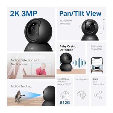 Tapo TP-Link 2K Pan/Tilt Indoor Security Camera for Baby Monitor, Pet Camera | Motion Detection & Tracking | 2-Way Audio | Cloud & SD Card Storage | Works w/Alexa & Google Home | Black C211 - Image 2