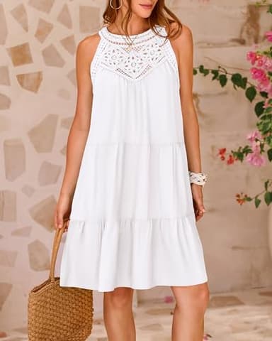 BTFBM Women Summer Halter Dresses Casual Spring 2025 Sleeveless A-Line Tiered Swing Mini Dress Beach Vacation Sundress(White, XX-Large) - Image 3