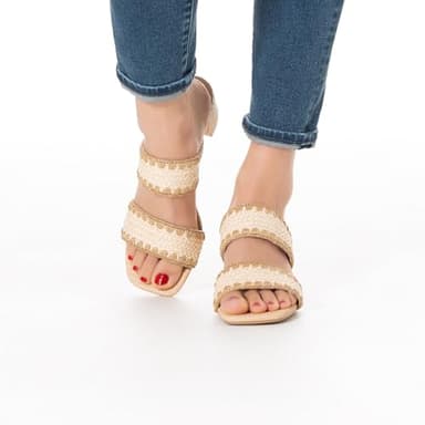 N.N.G Women Heels Sandals Straw Braided Beige size 9 Low Block Dressy Mules Chunky Comfortable Summer Two Strap Leather Square Open toe Short Slide - Image 7