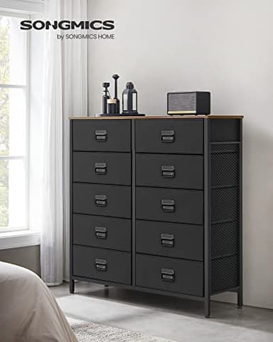 SONGMICS Dresser for Bedroom, Fabric Dresser with 10 Drawers, Storage Organizer Unit with Fabric Drawers, Chest of Drawers, Steel Frame, for Living Room, Entryway, Rustic Brown and Black ULTS225B01 - Image 2