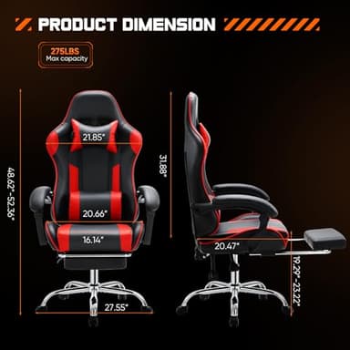 Sweetcrispy Video Game Desk Chair - Ergonomic Computer with Footrest and Comfy Lumbar Support, PU Leather Recliner with Headrest, Fixed Up Armrest, Height Adjustable with 360° Swivel, for Adults, Red - Image 3