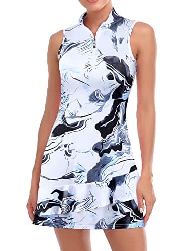 Tennis Dress for Women Sleeveless Golf Dresses with Built in Shorts, Pockets Stand Collar Zip Up Quick Dry for Athletic Sports Marble Print Grey-Small - Image 1