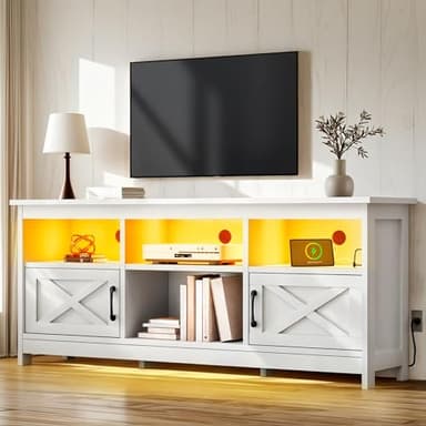 YITAHOME TV Stand for 65 Inch TVs, Entertainment Center with Storage Cabinets, Power Outlet & LED Light, Media Console Living Room Furniture, White - Image 1