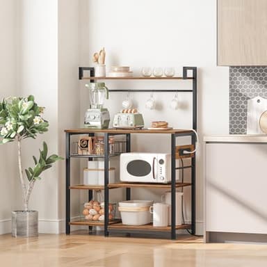 HOOBRO Bakers Rack with Power Outlet, 35.4 Inches Coffee Bar with Mesh Basket, Microwave Stand with 4 S-Shaped Hooks, Kitchen Bakers Rack with Storage, Easy to Assemble, Rustic Brown BF05HB01 - Image 4