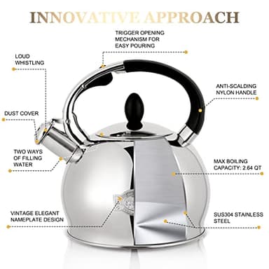 SUSTEAS Stove Top Whistling Tea Kettle - Food Grade Stainless Steel Teakettle Teapot with Cool Touch Ergonomic Handle, With 1 Silicone Pinch Mitt Included,2.64 Quart(SILVER) - Image 2