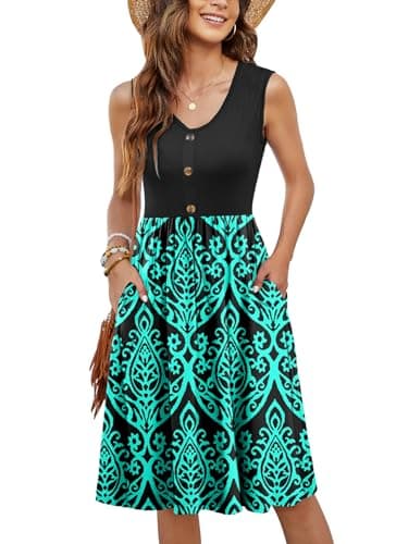 MOLERANI Women Summer Dresses Sleeveless Casual Loose Swing Button Down Midi Sundress with Pockets,Black Green,L - Image 1