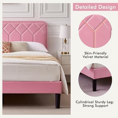VECELO Full Size Bed Frame Premium Velvet Upholstered Platform with Height Adjustable Headboard/Mattress Foundation, Solid Wooden Slat Support, No Box Spring Needed/Easy Assembly - Image 5