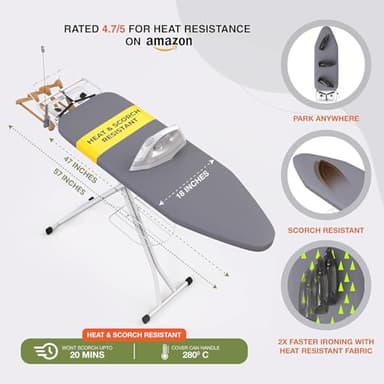 Xabitat Full Size Ironing Board 57" X 18" with Wall Mount Hanger, Full Metal Construction Iron Board, Built in Iron Caddy, Heat & Scorch Resistant Fabric, Cord Holder, Anti-Skid Feet, Heavy Duty - Image 3