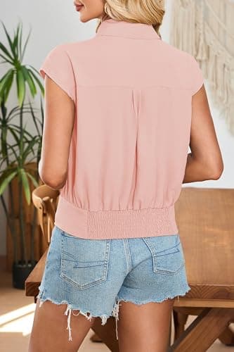 Cakulo Womens Summer Short Sleeve Button Down Shirts 2025 Dressy Casual Polo V Neck Collared Blouses Tops Pink S - Image 5