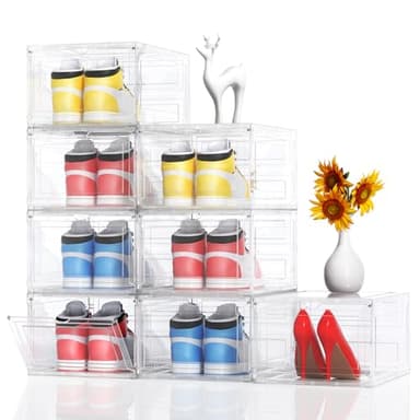 XL Large 8 Pack Shoe Storage Organizer Clear Plastic Boxes Stackable Thicken Material Easy to Assemble Fit Sneaker Storage Size 12 13 14,Plastic Shoe Storage Organizer for Closet with Lids and Door - Image 1