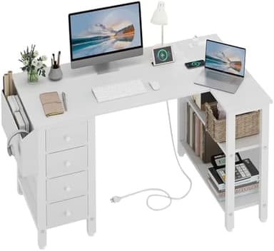 Lufeiya White L Shaped Computer Desk with Drawers & Storage Shelves, 47 Inch Corner Reversible Desk with Power Outlet for Home Office Bedroom, L-Shaped Teen PC Desks with Fabric Drawer, White - Image 2
