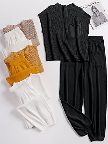 ANRABESS Women's Two Piece Outfits Knit Sweater Vest Crop Top Pants Lounge Matching Tracksuit Sweatsuit Travel Clothes Sets Black XX-Large - Image 8