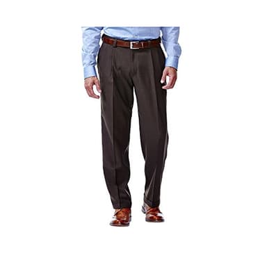 Haggar mens Eclo Stria Expandable-waist Pleat-front dress pants, Brown, 38W x 30L US - Image 1