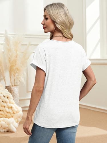 EyMuse Women V Neck T Shirts Cute Basic Short Sleeve Tops Fashion Loose Fit Blouses Summer Basic Tees 2025 Old Money Clothes White,M - Image 3