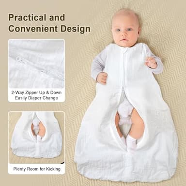PHF 100% Muslin Cotton Baby Sleep Sacks, 12-18 Months Sleep Sack with 2-Way Zipper, 2 Pack Cooling Unisex 0.5 TOG Breathable Large Size Sleeveless Baby Wearable Blanket, White & Grey - Image 6