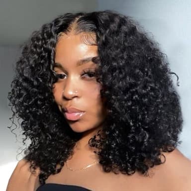 14 Inch Short Bob Wigs 13x4 Deep Wave Bob Wig Human Hair 220% Density Deep Curly 100% Virgin Human Hair Pre Plucked Wet and Wavy Glueless Transparent Lace Frontal Wig for Women Natural Hairline - Image 1
