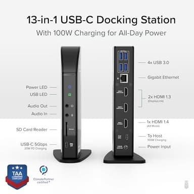Plugable USB-C Triple Monitor Docking Station: 13-in-1 Laptop Dock with 100W Charging for Mac (DisplayLink Driver Required), Windows, Chrome, 3 HDMI, Gigabit Ethernet, SD, USB-C 20W, 4 USB - UD-ULTCDL - Image 2