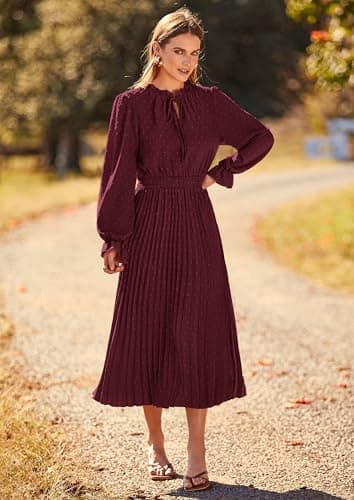 PRETTYGARDEN Women's 2025 Spring Fall Midi Dress Casual Long Sleeve V Neck Swiss Dot Pleated A Line Flowy Dresses (Dark Wine Red,Large) - Image 8