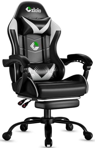 Czlolo Gaming Chair with Footrest Racing Style Lumbar Support Massager Video Game Chair with Metal Legs, High Back Reclining Gamer Chair with Headrest, 360° Swivel Office Computer Desk Chair (White) - Image 1