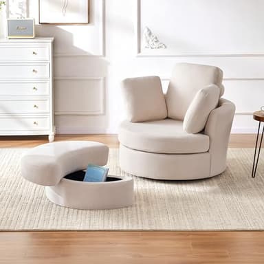 Huatean Home 39” Swivel Accent Barrel Chairs with Removable Headrest, Chaise Lounge Indoor with Neck Support Pillow, Swivel Chairs for Living Room, Oversized Chair with Ottoman, Beige - Image 3