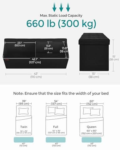 SONGMICS MAZIE Collection - 43 Inches Folding Storage Ottoman Bench, Ottoman Foot Rest, End of Bed Bench, Storage Chest, Load 660 lb, for Living Room, Bedroom, Entryway, Ink Black ULSF077B01 - Image 2