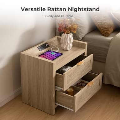 SICOTAS Rattan Nightstands Set of 2 Bedside Table - Bedroom Night Stand with Type-C Charging Station, 2 Drawers Storage - Boho Night Stands End Table for Bedroom Office - Light Oak - Image 7