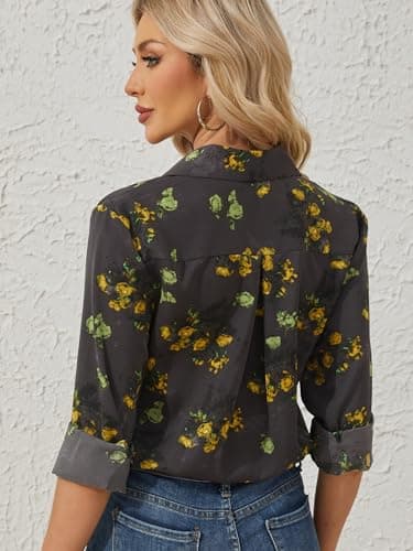 hearain Womens Casual Tops Button Down Long Sleeve Shirts Trendy Dressy Casual Print Blouses Grey Yellow Size S - Image 2