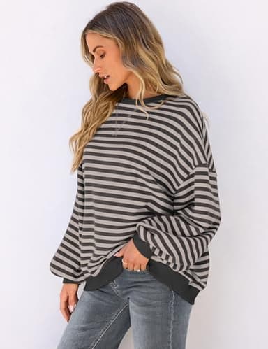 UEU Women's Striped Oversized Color Block Crewneck Long Sleeve Fashion Trendy Sweatshirt Gray X-Large - Image 3