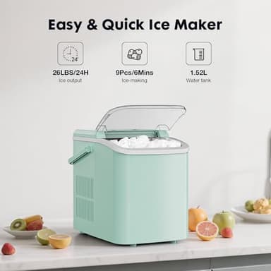 Sweetcrispy Countertop Ice Maker with Scoop, Basket and Handle, Portable Ice Machine 9 Ice Cubes Ready in 6 Mins, 26.5lbs in 24Hrs, 2 Sizes for Home Kitchen Office Bar Party, Green - Image 5