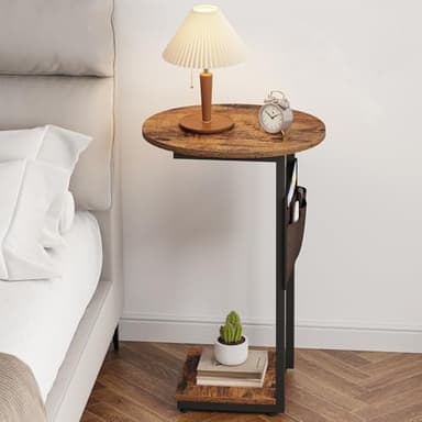Vagusicc C Shaped End Table for Couch, Side Table Small End Table, Couch Side Table for Small Spaces, Slide Under Sofa TV Tray with Metal Frame for Living Room, Bedroom (Brown) - Image 6
