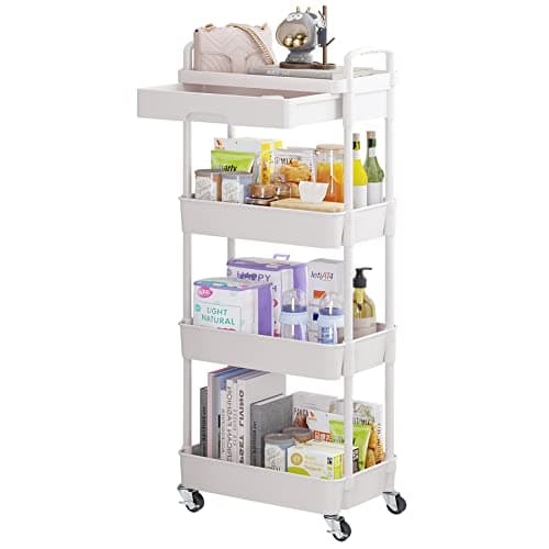 Calmootey 4-Tier Rolling Utility Cart with Drawer,Multifunctional Storage Organizer with Plastic Shelf & Metal Wheel,Storage Cart for Kitchen,Bathroom,Living Room,Office,White - Image 1