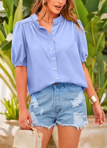 PRETTYGARDEN Women's Summer Button Down Shirts Short Lantern Sleeve V Neck Cotton Cute Dressy Casual Ladies Tops Blouses (Light Blue,Medium) - Image 8